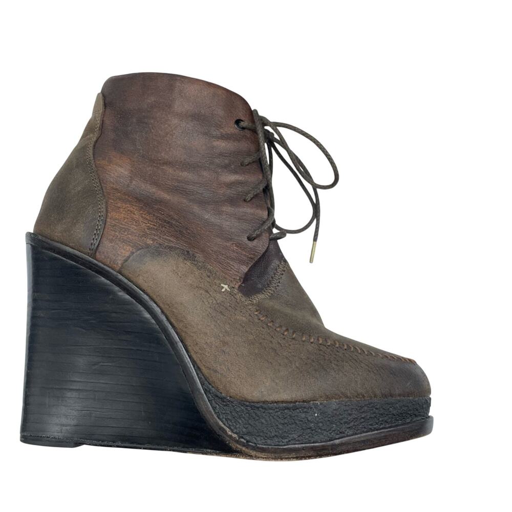 Rag & Bone Brown Leather Combat Wedge Ankle Boots Distressed Womens 9 Lace Up - Picture 2 of 14